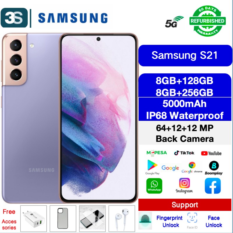 Refurbished Phone Samsung S21 Dual SIM 5G 6.2'' Super AMOLED 120Hz  IP68 waterproof 4000mAh 64+12+12MP Rear Camear Sanpdragon 888