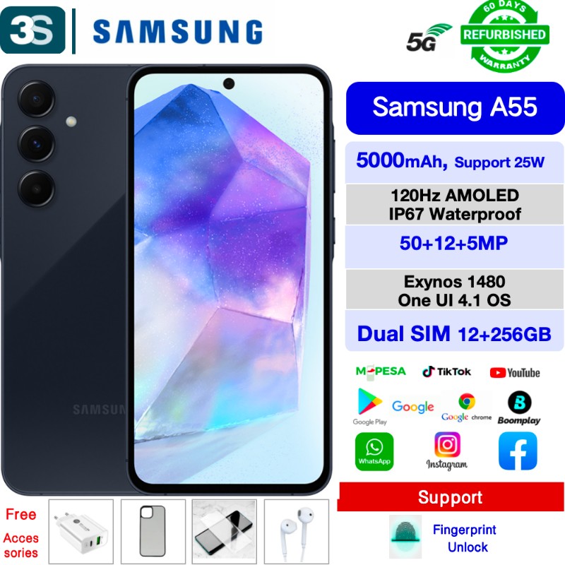 Refurbished Phone Samsung A55 5G 12+256GB Dual SIM 6.6'' 120Hz Super AMOLED IP67 Waterproof 5000mAh 50+12+5MP Back Camera 32MP Front Camera
