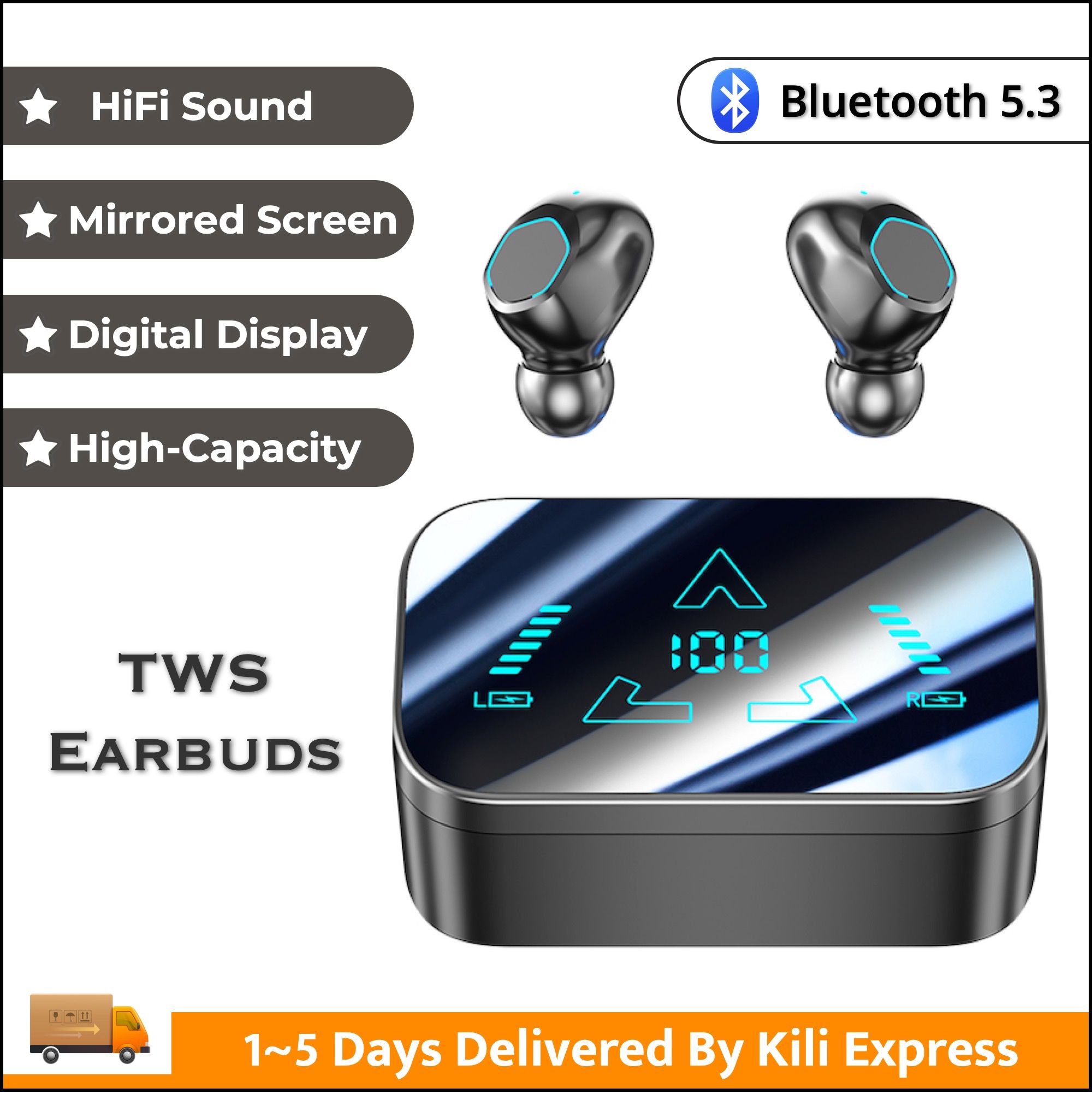 M48 TWS Earphones Wireless Bluetooth 5.3 Earphones Large Screen Digital Display HiFi Sound HD Mic Earbuds IPX7 Waterproof Dust-proof for iOS Android Windows