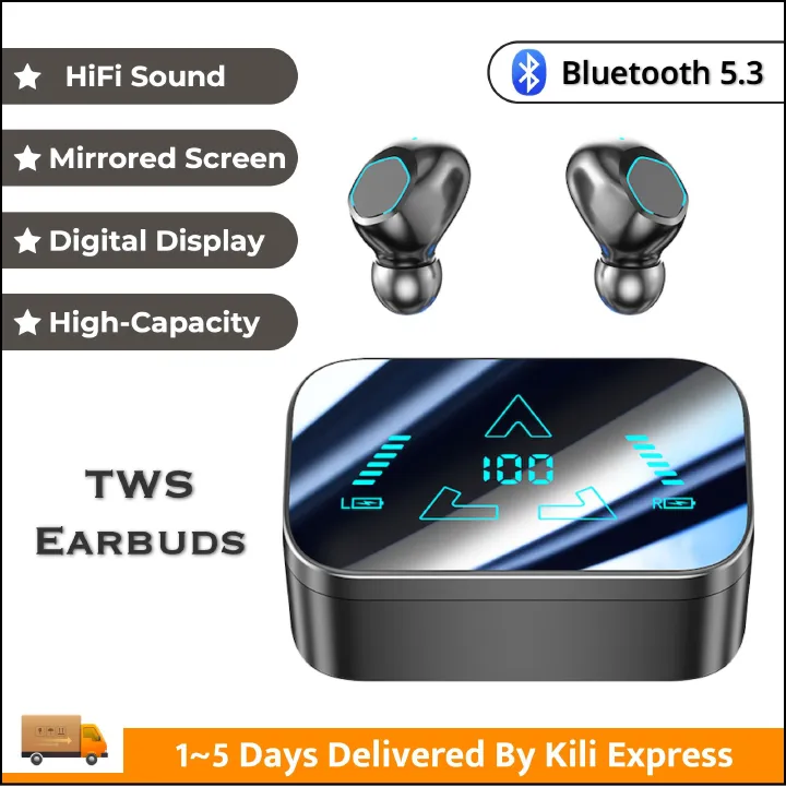 M48 TWS Earphones Wireless Bluetooth 5.3 Earphones Large Screen Digital Display HiFi Sound HD Mic Earbuds IPX7 Waterproof Dust-proof for iOS Android Windows