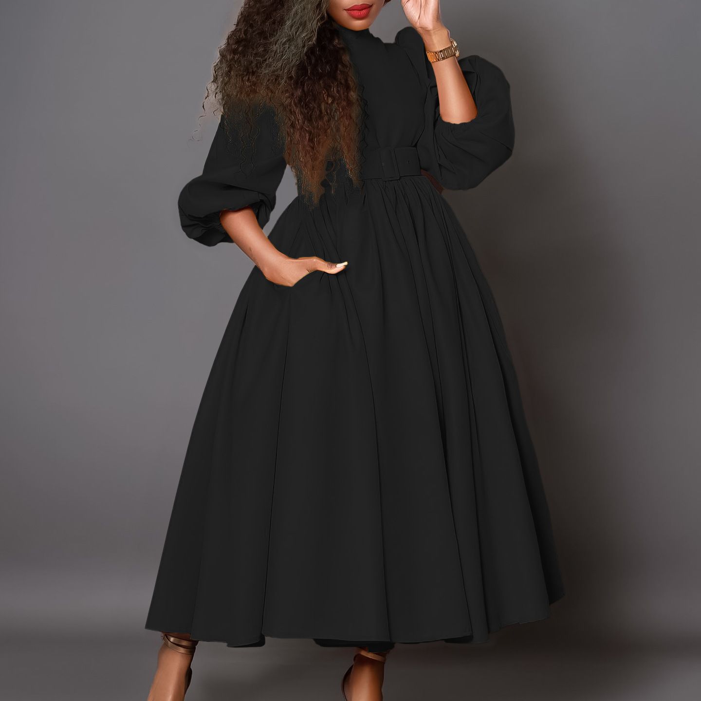 Plus Size Women's Half Turtle Neck Three-quarter Sleeves Elegant Waist Slimming Swing Skirt Dress