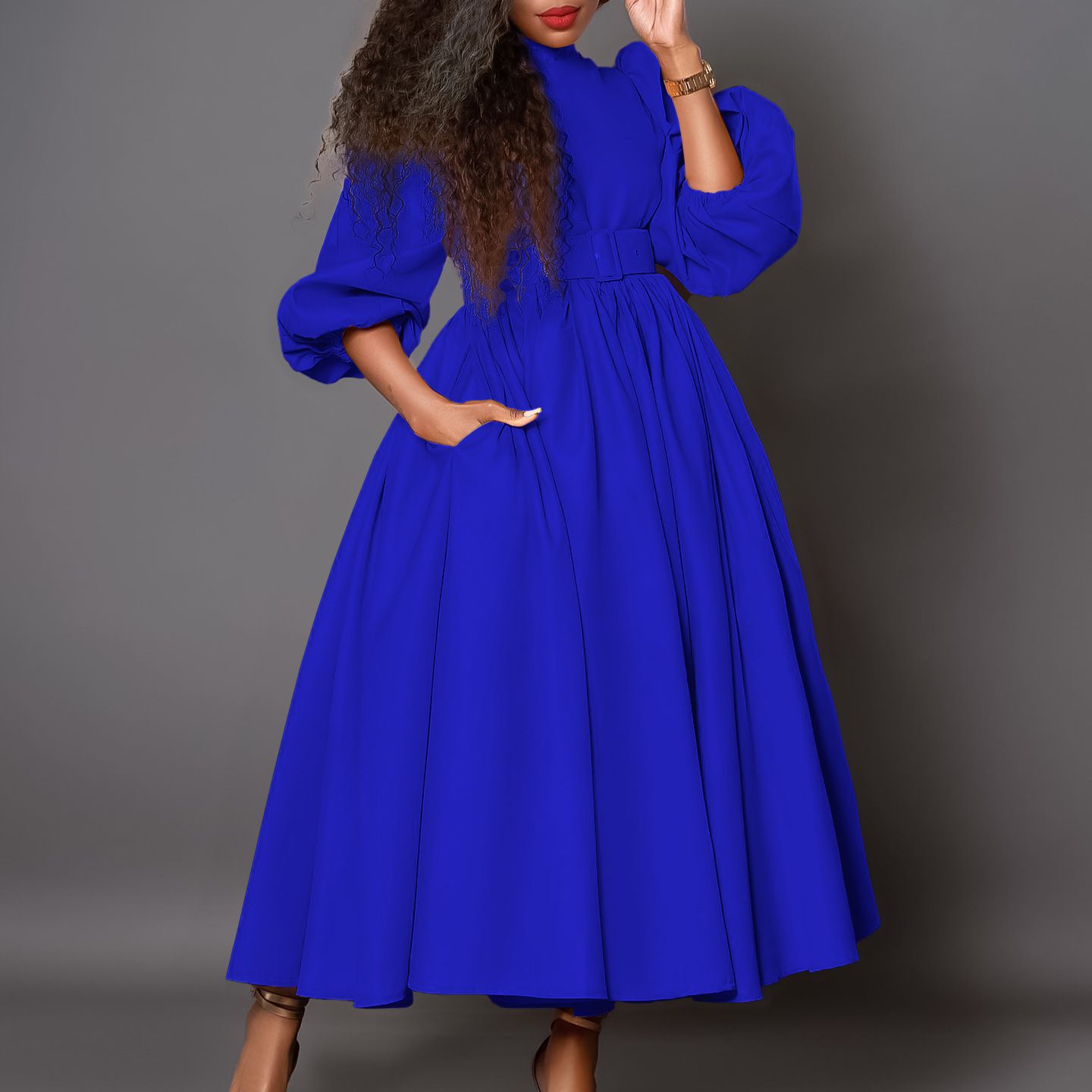 Plus Size Women's Half Turtle Neck Three-quarter Sleeves Elegant Waist Slimming Swing Skirt Dress