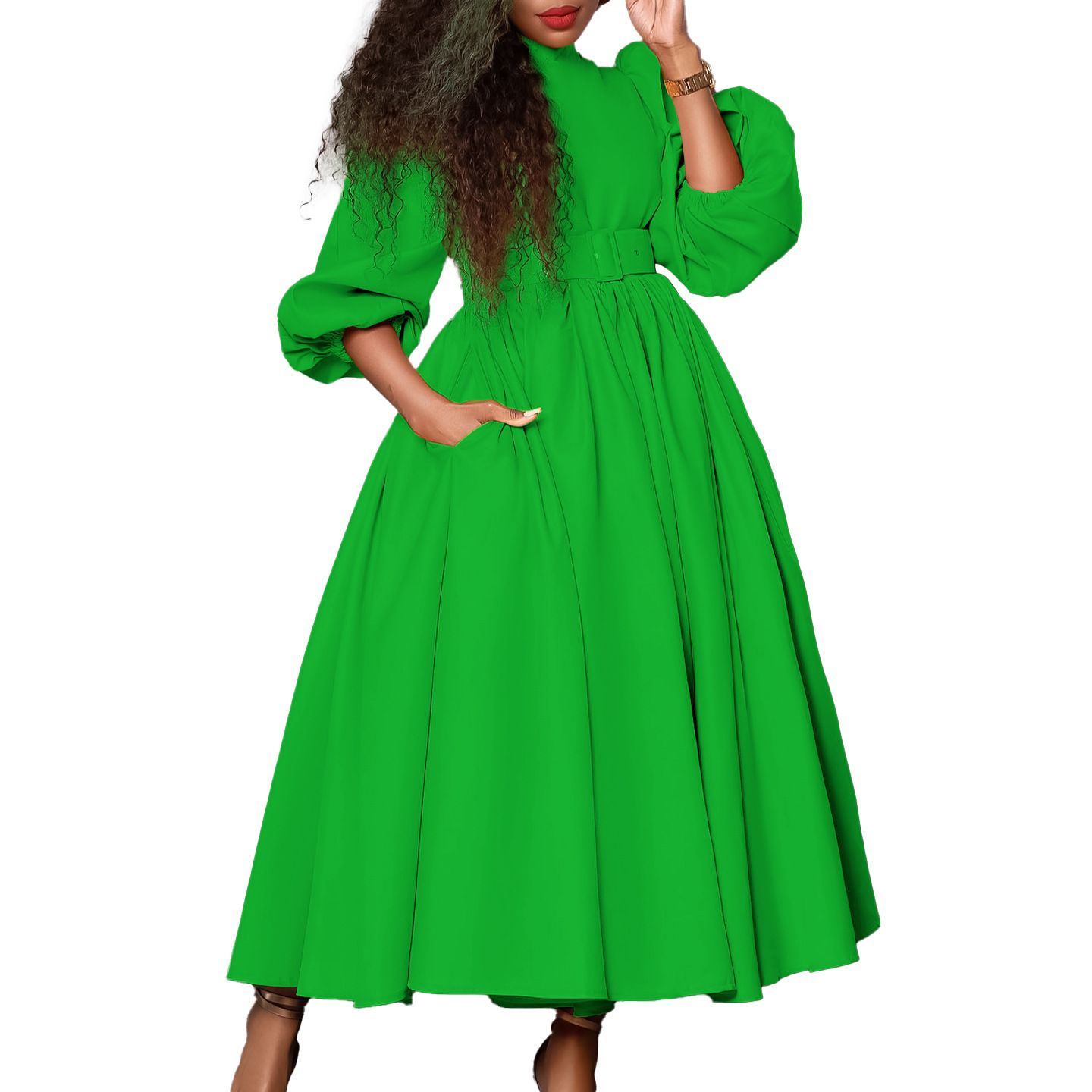 Plus Size Women's Half Turtle Neck Three-quarter Sleeves Elegant Waist Slimming Swing Skirt Dress