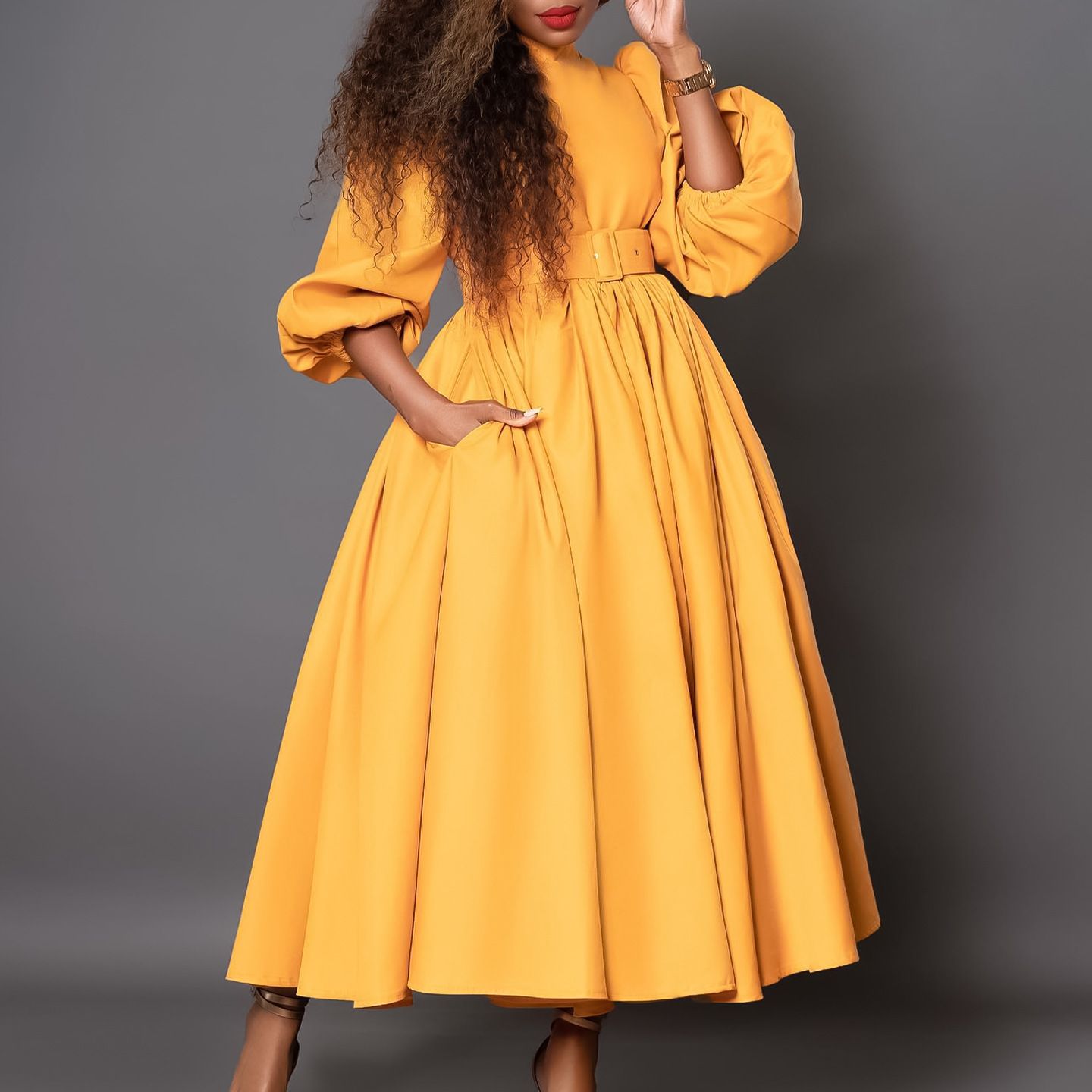 Plus Size Women's Half Turtle Neck Three-quarter Sleeves Elegant Waist Slimming Swing Skirt Dress
