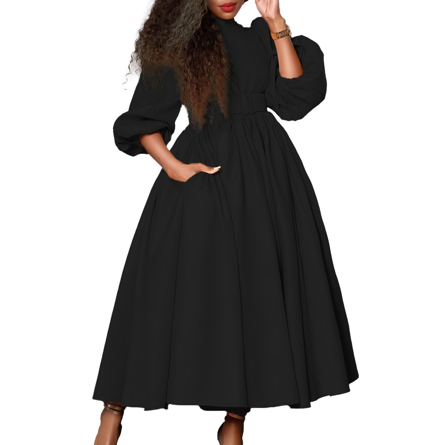 Plus Size Women's Half Turtle Neck Three-quarter Sleeves Elegant Waist Slimming Swing Skirt Dress