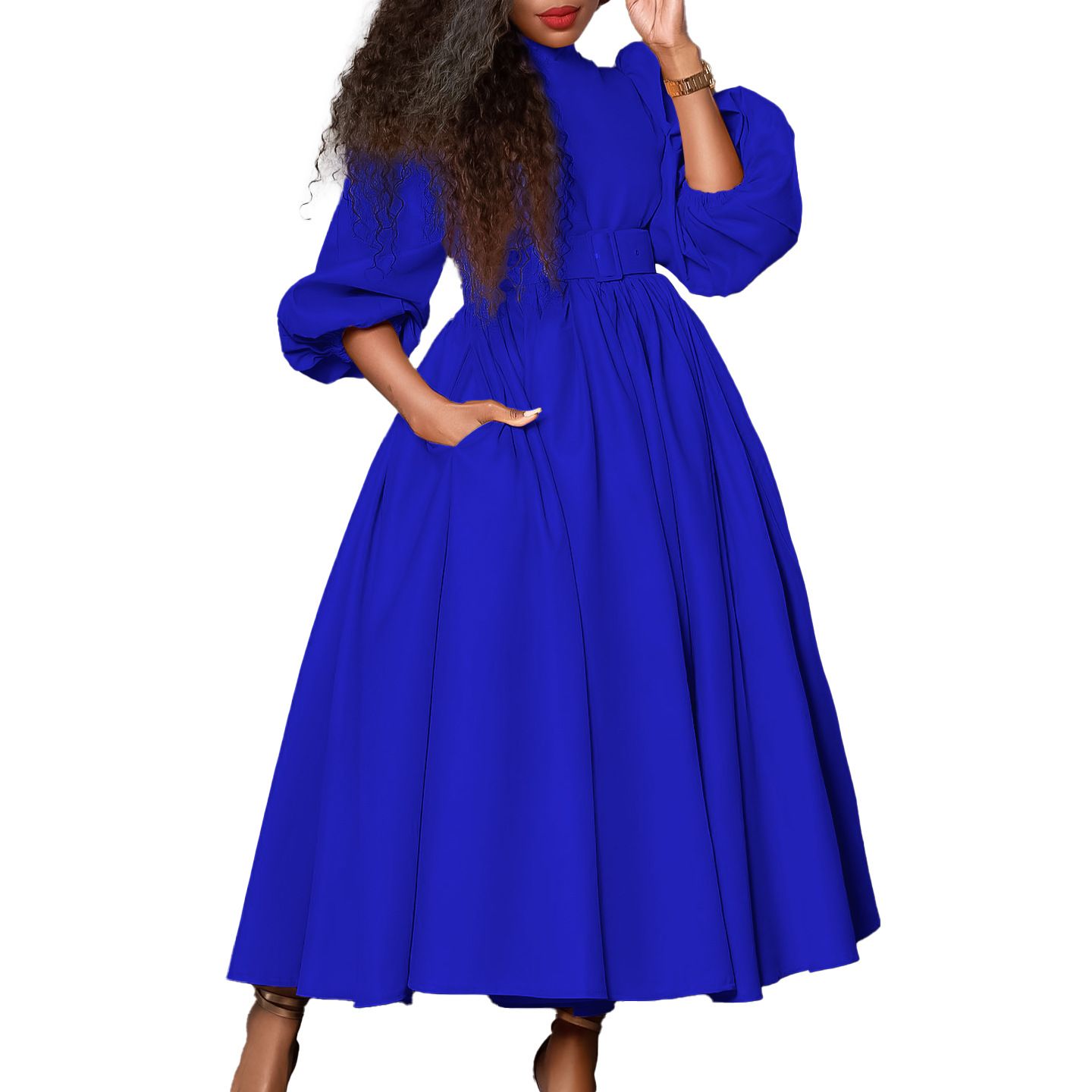Plus Size Women's Half Turtle Neck Three-quarter Sleeves Elegant Waist Slimming Swing Skirt Dress