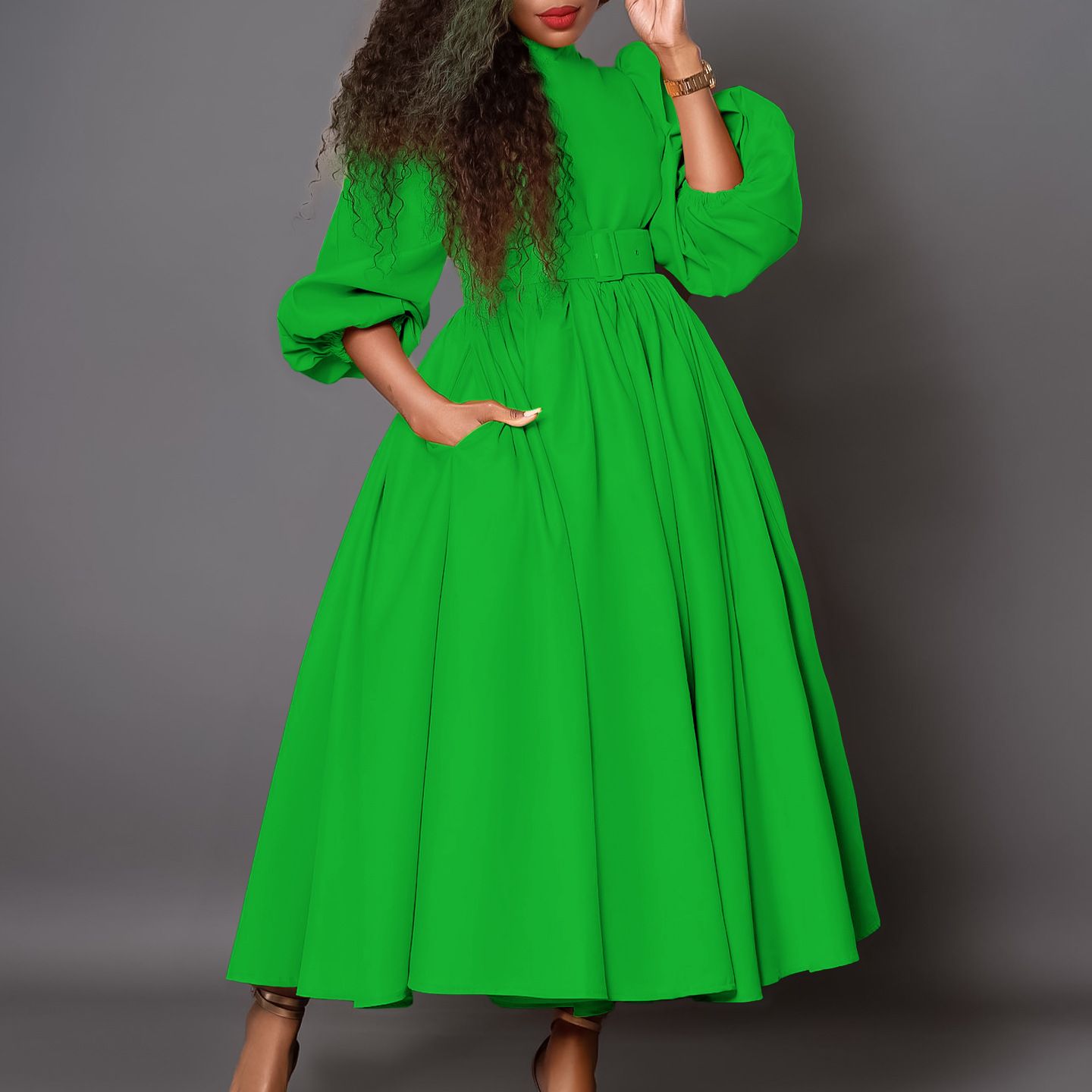Plus Size Women's Half Turtle Neck Three-quarter Sleeves Elegant Waist Slimming Swing Skirt Dress