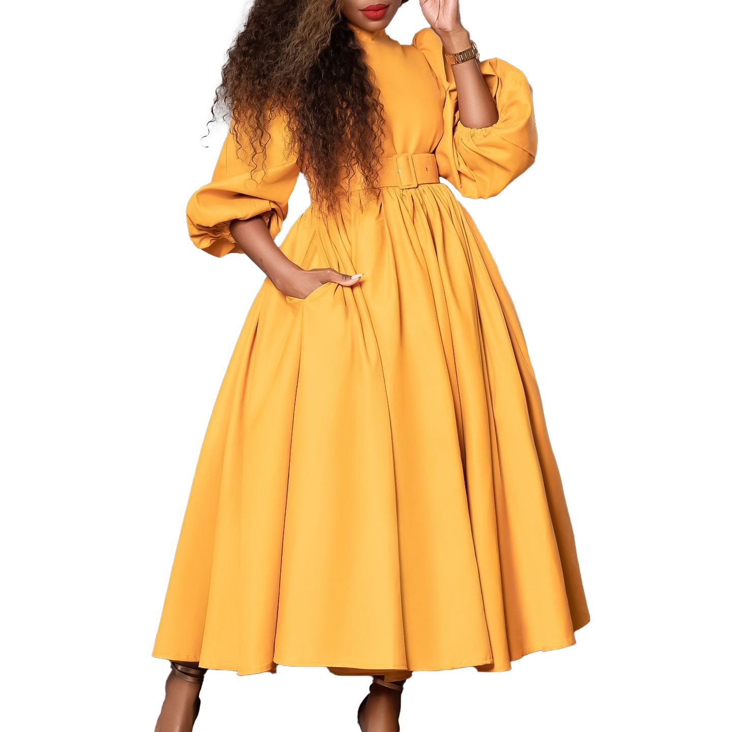 Plus Size Women's Half Turtle Neck Three-quarter Sleeves Elegant Waist Slimming Swing Skirt Dress