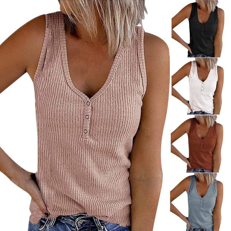 Women's Vest Solid Color V-Neck Button-Down Sleeveless T-Shirt Top