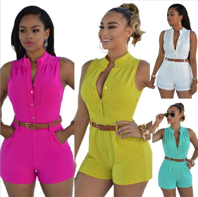 Rompers for Women Sexy Summer Short Pants Jumpsuits with Pockets Buttons