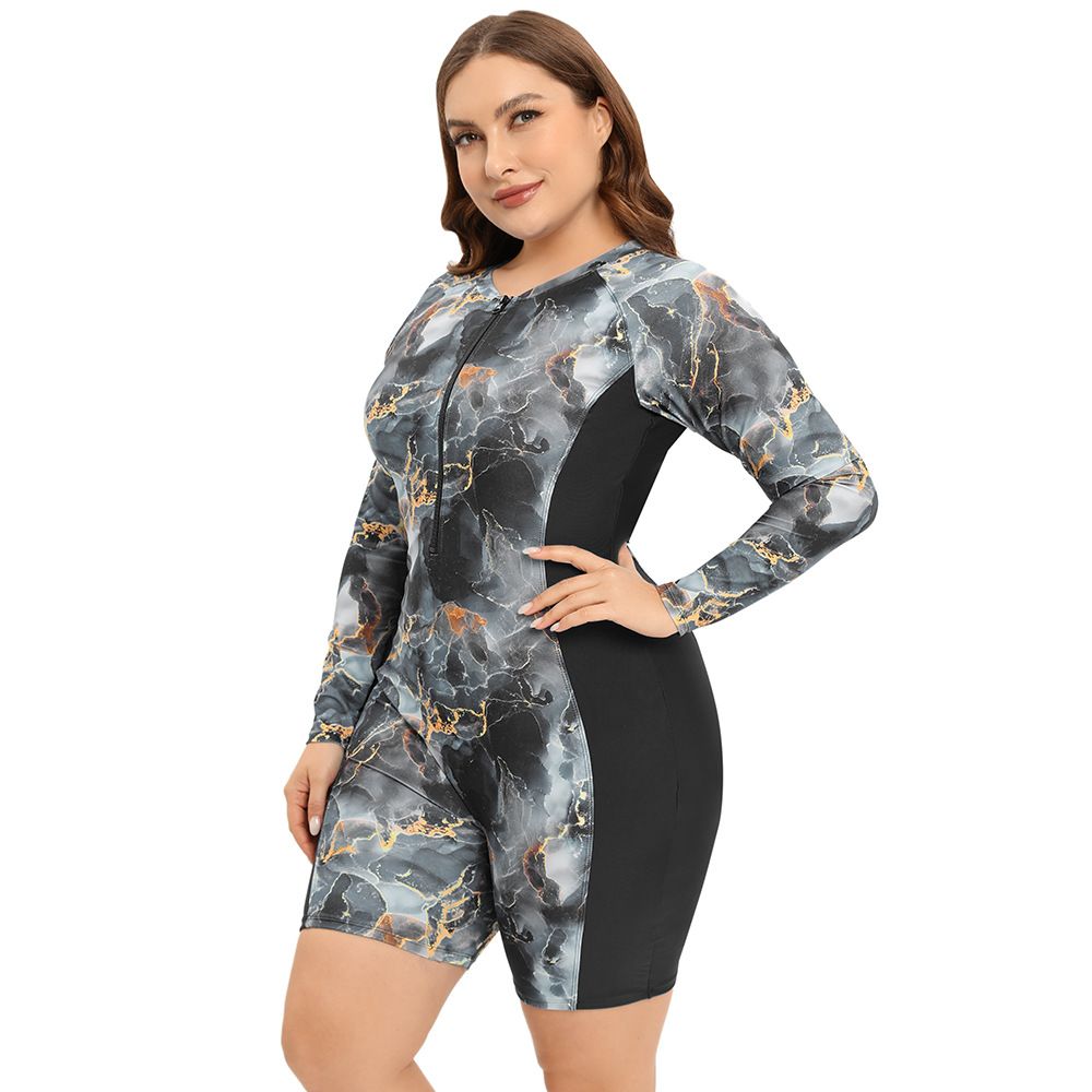 Plus Size Long Sleeve Swimsuit for Women, Rash Guard UV Protection, One Piece Zipper Bathing Suit