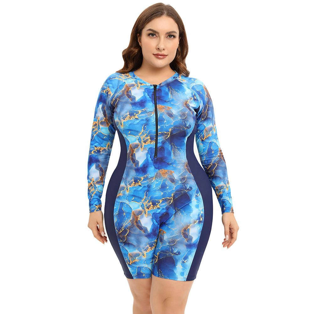 Plus Size Long Sleeve Swimsuit for Women, Rash Guard UV Protection, One Piece Zipper Bathing Suit