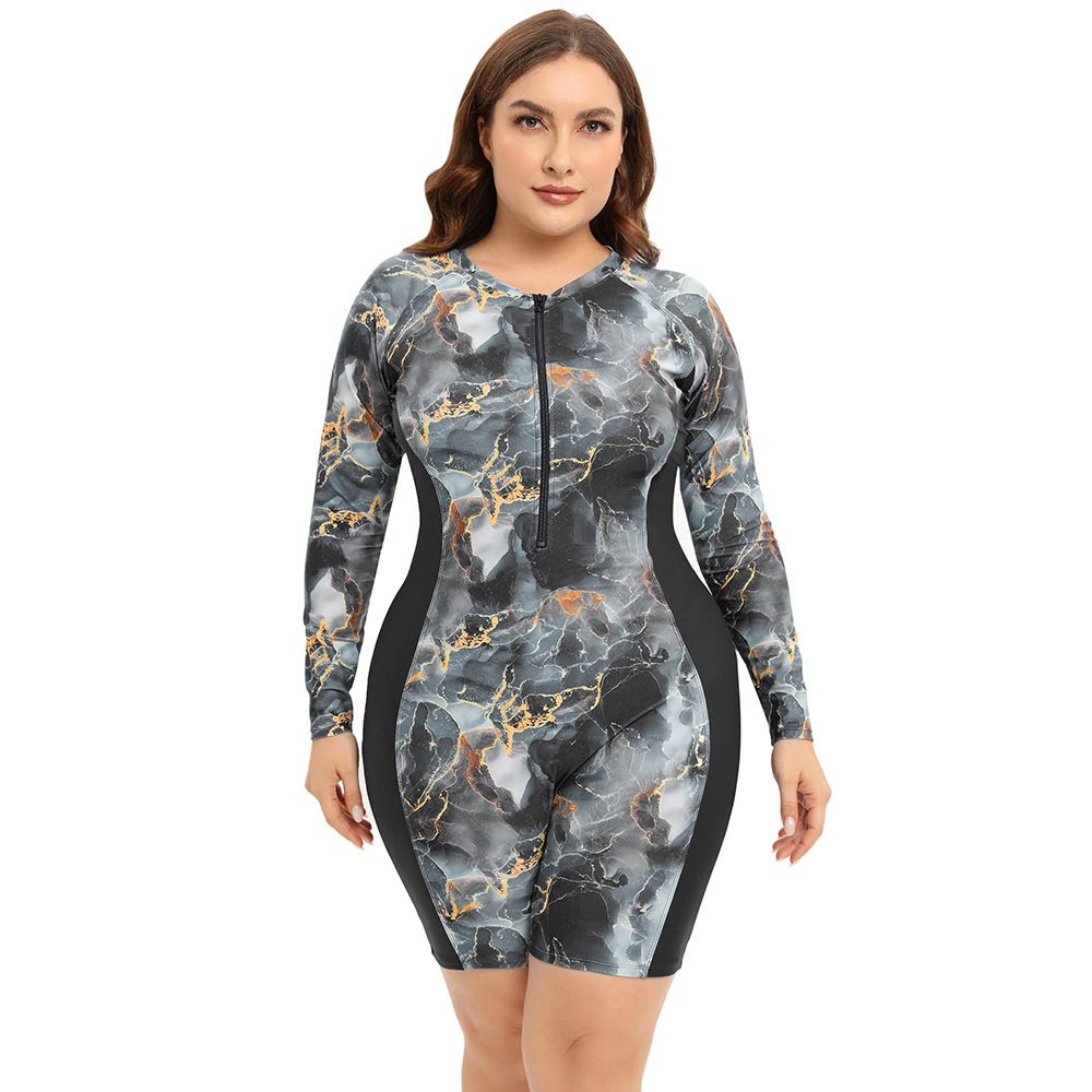 Plus Size Long Sleeve Swimsuit for Women, Rash Guard UV Protection, One Piece Zipper Bathing Suit