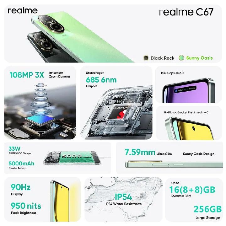 New Arrival Realme C67 256GB +16(8+8)GB RAM 108MP Camera 6.72'' 90Hz 33W 5000mAh Dual Speakers Android 14 Dual SIM Smart Phones Side Fingerprint