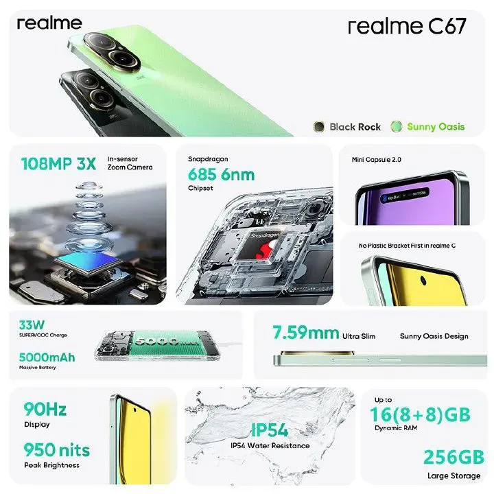 New Arrival Realme C67 256GB +16(8+8)GB RAM 108MP Camera 6.72'' 90Hz 33W 5000mAh Dual Speakers Android 14 Dual SIM Smart Phones Side Fingerprint
