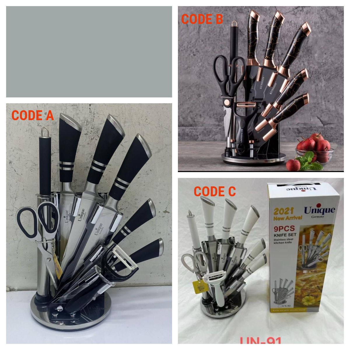9 PCs unique knives set Stainless Steel Kitchen Cutlery Knife Set with Rotating Block Stand. This knife set includes chopping knife, chef knife, slicer