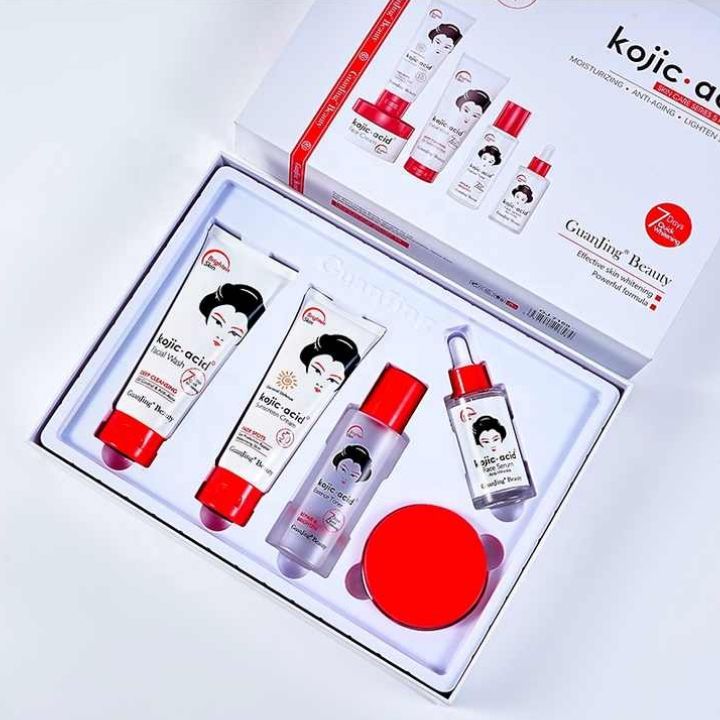 Guanjing Kojic Acid Skin Care Series 5 Piece Set - Toner + Face Serum + Cream + Sunscreen + Facial Wash Moisturizing Anti-aging Lightening Spots