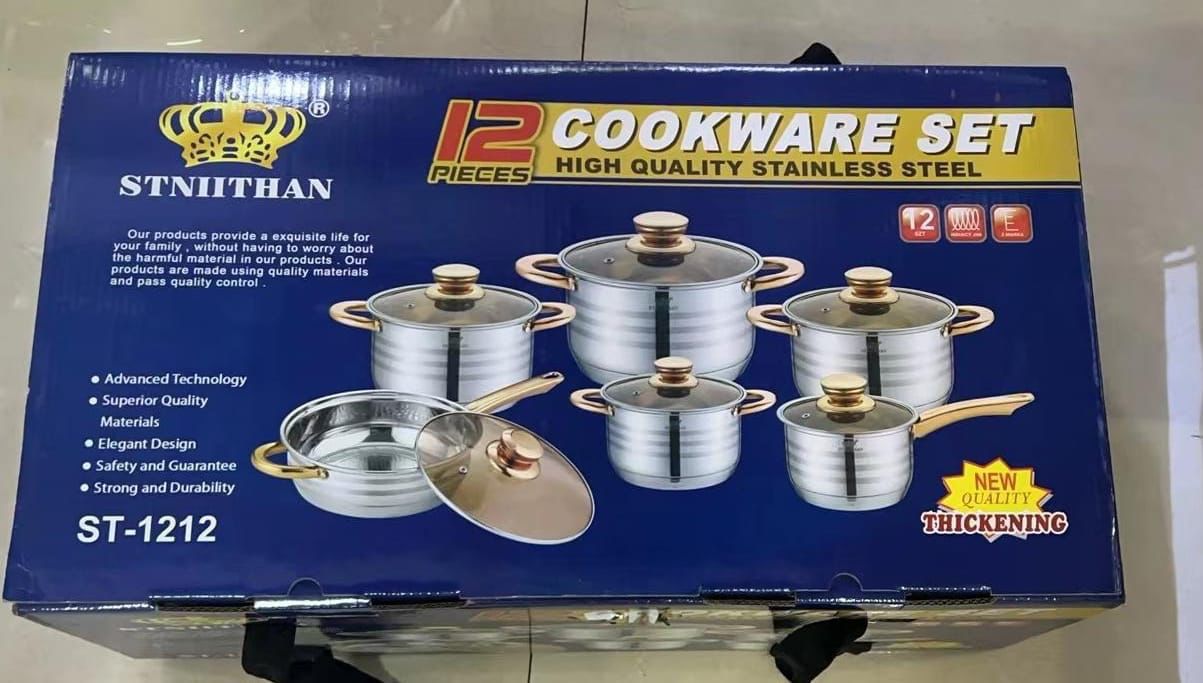 12pc Golden Stniithan Cookware  Pots and Pans Set, Stainless Steel Cookware Set  Induction Kitchen Cookware Sets with Removable Handle, RV Cookware Set, Oven Safe, Camping Cookware