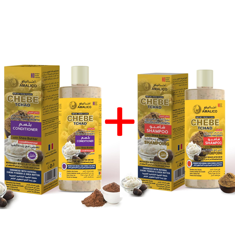 2 Pack AMALICO Chebe Powder Hair Conditioner + Shampoo with Shea Butter for Dry Damaged Hair Care Natural African Chebe Powder for Hair Growth - Regrowth Hair Care