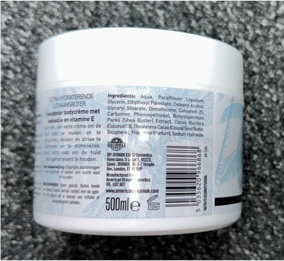 American Dream  Coconut Oil Cream With Cocoa Butter & Vitamin E  Intensely Nourishing 500ml Ultra Moisturising Body Butter Cream With Coconut Oil and Vitamin E