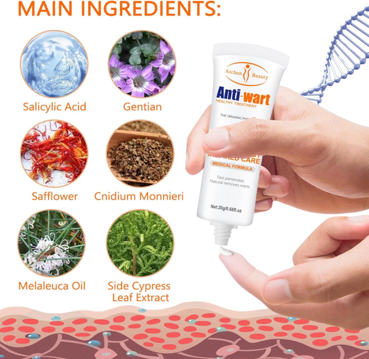 Aichun Anti-Wart Cream 20ml Effective Wart Treatment Long-Lasting Removes Warts and other Skin Imperfections, Moisturizing Non-Irritating Formula Fast-Acting, Used on the Feet, Neck, Face, and Body