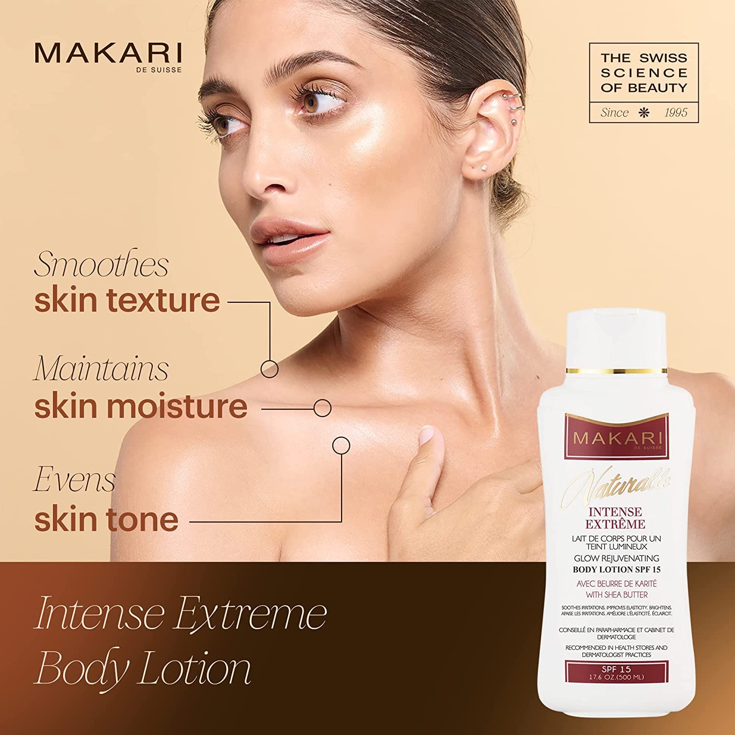 MAKARI Naturalle Intense Extreme Body Lotion SPF15 (500ml) | Toning Body Lotion for Dry to Normal Skin Types | Brightens Complexion and Helps Fade Marks | Soothes and Conditions with Shea Butter
