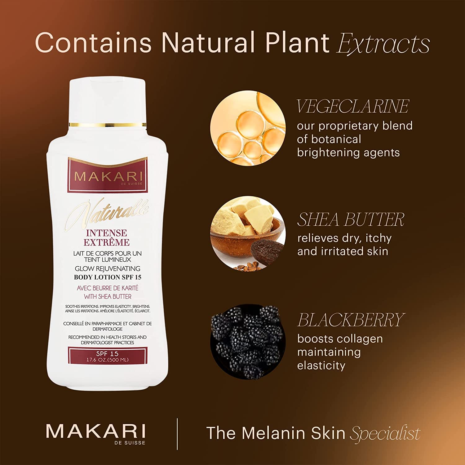 MAKARI Naturalle Intense Extreme Body Lotion SPF15 (500ml) | Toning Body Lotion for Dry to Normal Skin Types | Brightens Complexion and Helps Fade Marks | Soothes and Conditions with Shea Butter