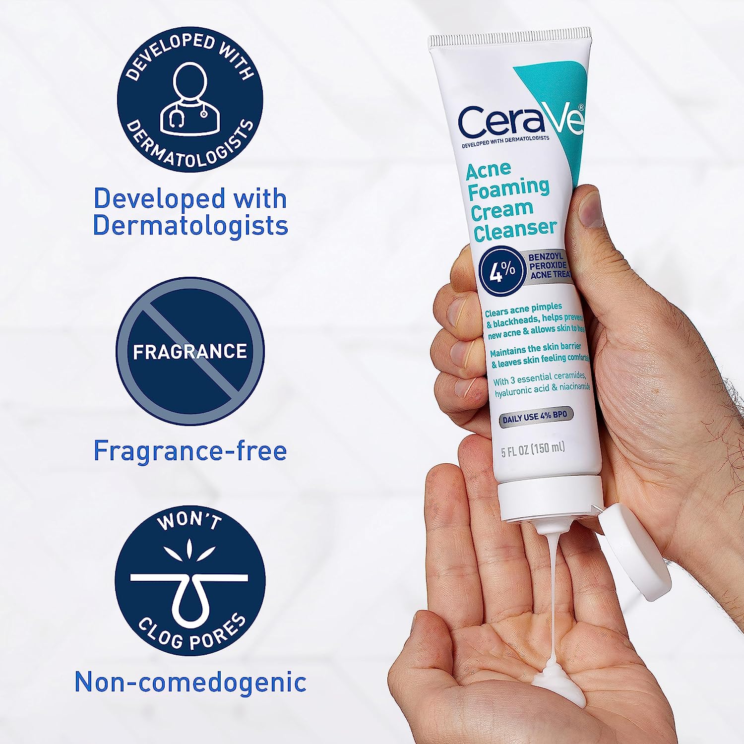 Foaming Cream Cleanser | Acne Treatment Face Wash with 4% Benzoyl Peroxide, Hyaluronic Acid, and, Niacinamide | Cream to Foam Formula | Fragrance Free