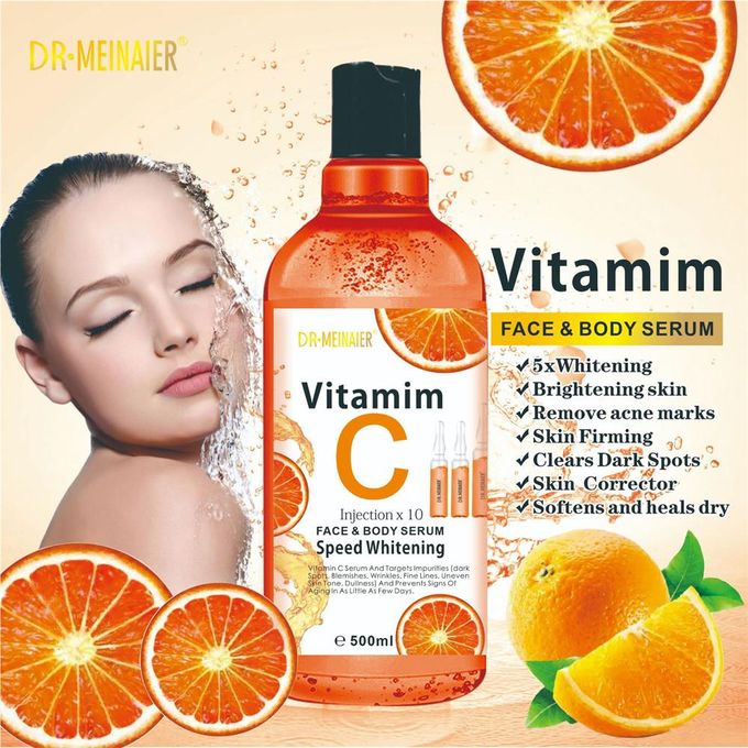 DR MEINAIER Vitamin C Face & Body Serum 500 ml – Brightening & Anti-Aging with Ascorbic Acid, Glycolic & Kojic Acids – Hydrating Skin Repair for Face and Body