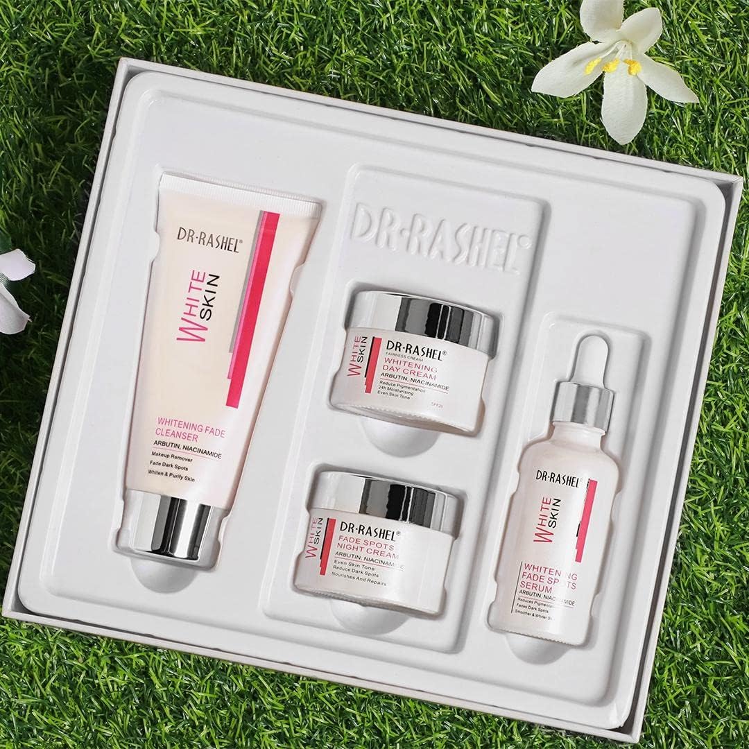 4 Pack Dr Rashel Fade Dark Spots Skin Care Series Kit  Contains Cleanser, Serum, Day Cream and Night Cream (4 Piece Set)  Arbutin and Niacinamide Long Lasting Shine Natural Glow Look Skin Care Set