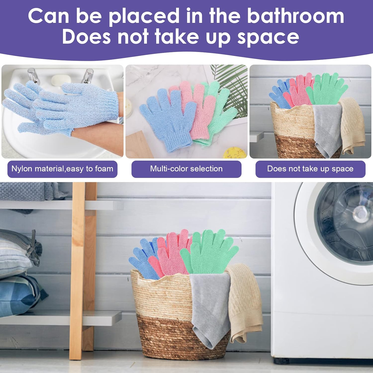 6 Pcs Bath Gloves for Shower Natural Loofah Exfoliating Wash Gloves for Body and Face, Dead Skin Remover, Double Sided Microfibre Shower Body Gloves for Adults and Kids
