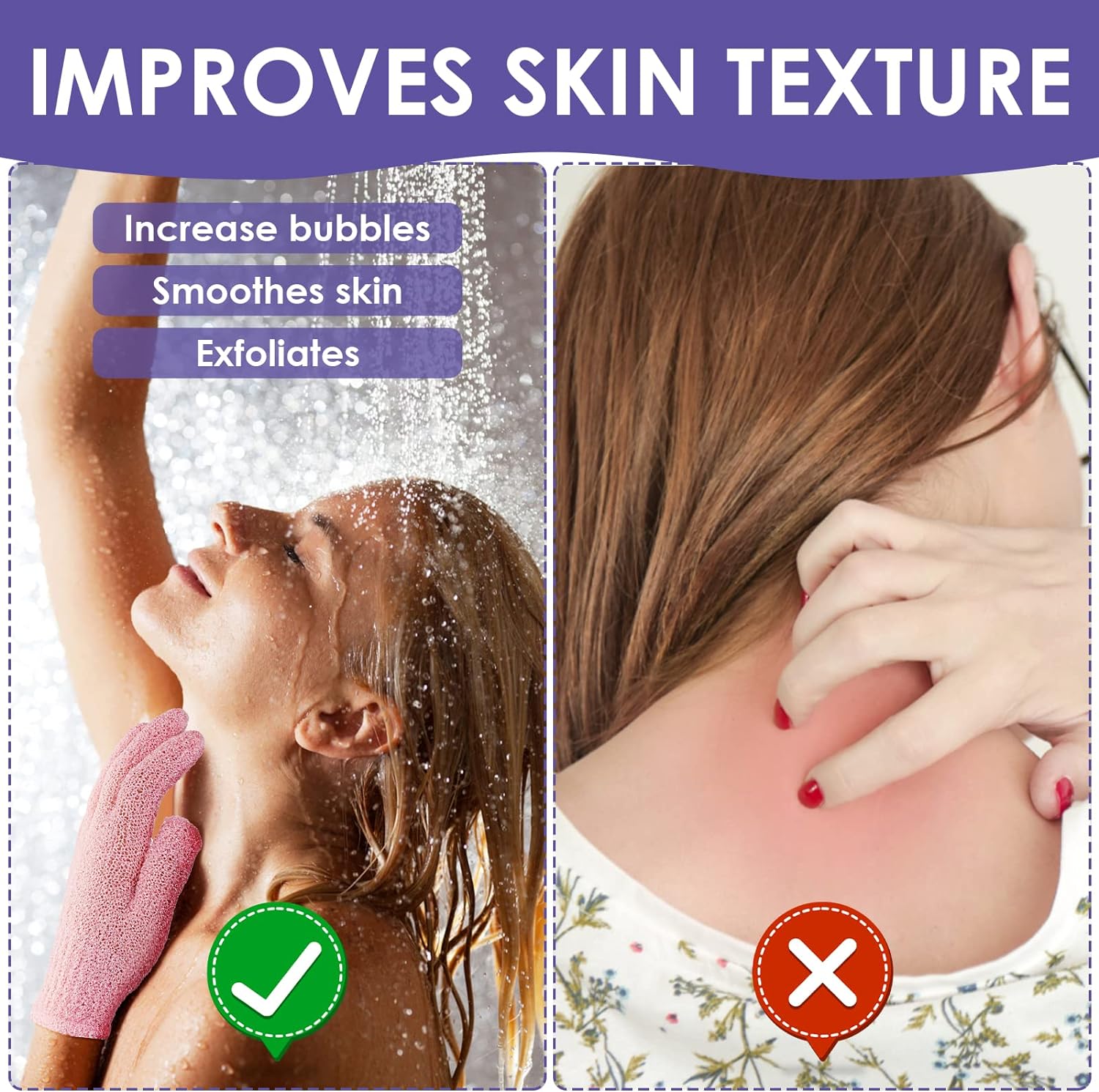 6 Pcs Bath Gloves for Shower Natural Loofah Exfoliating Wash Gloves for Body and Face, Dead Skin Remover, Double Sided Microfibre Shower Body Gloves for Adults and Kids