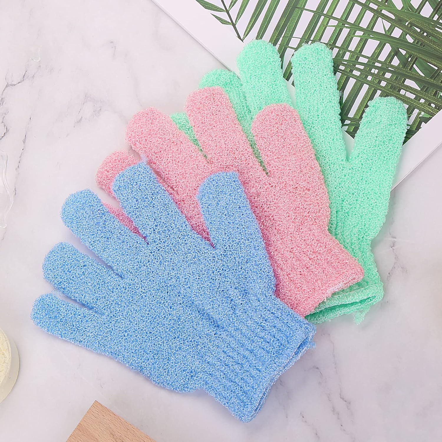 6 Pcs Bath Gloves for Shower Natural Loofah Exfoliating Wash Gloves for Body and Face, Dead Skin Remover, Double Sided Microfibre Shower Body Gloves for Adults and Kids