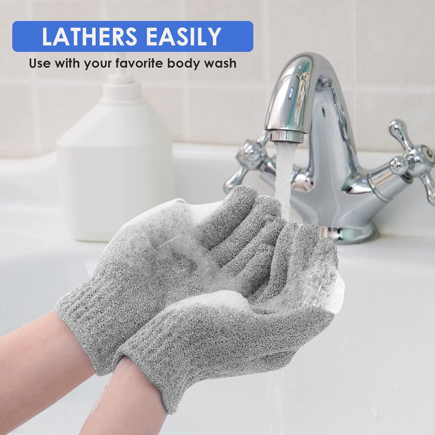 4 Pcs Bath Gloves for Shower Natural Loofah Exfoliating Wash Gloves for Body and Face, Dead Skin Remover, Double Sided Microfibre Shower Body Gloves for Adults and Kids