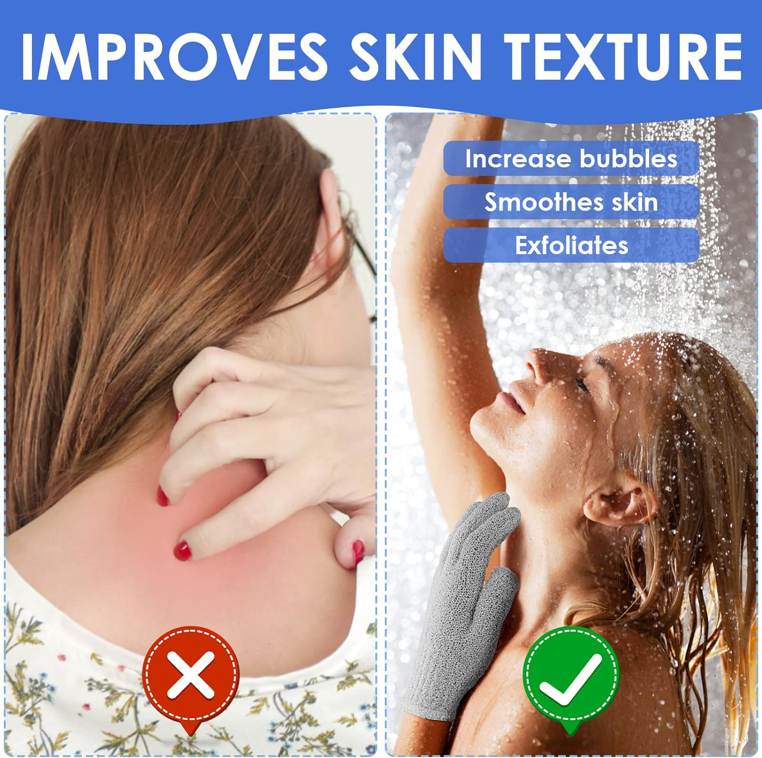 4 Pcs Bath Gloves for Shower Natural Loofah Exfoliating Wash Gloves for Body and Face, Dead Skin Remover, Double Sided Microfibre Shower Body Gloves for Adults and Kids