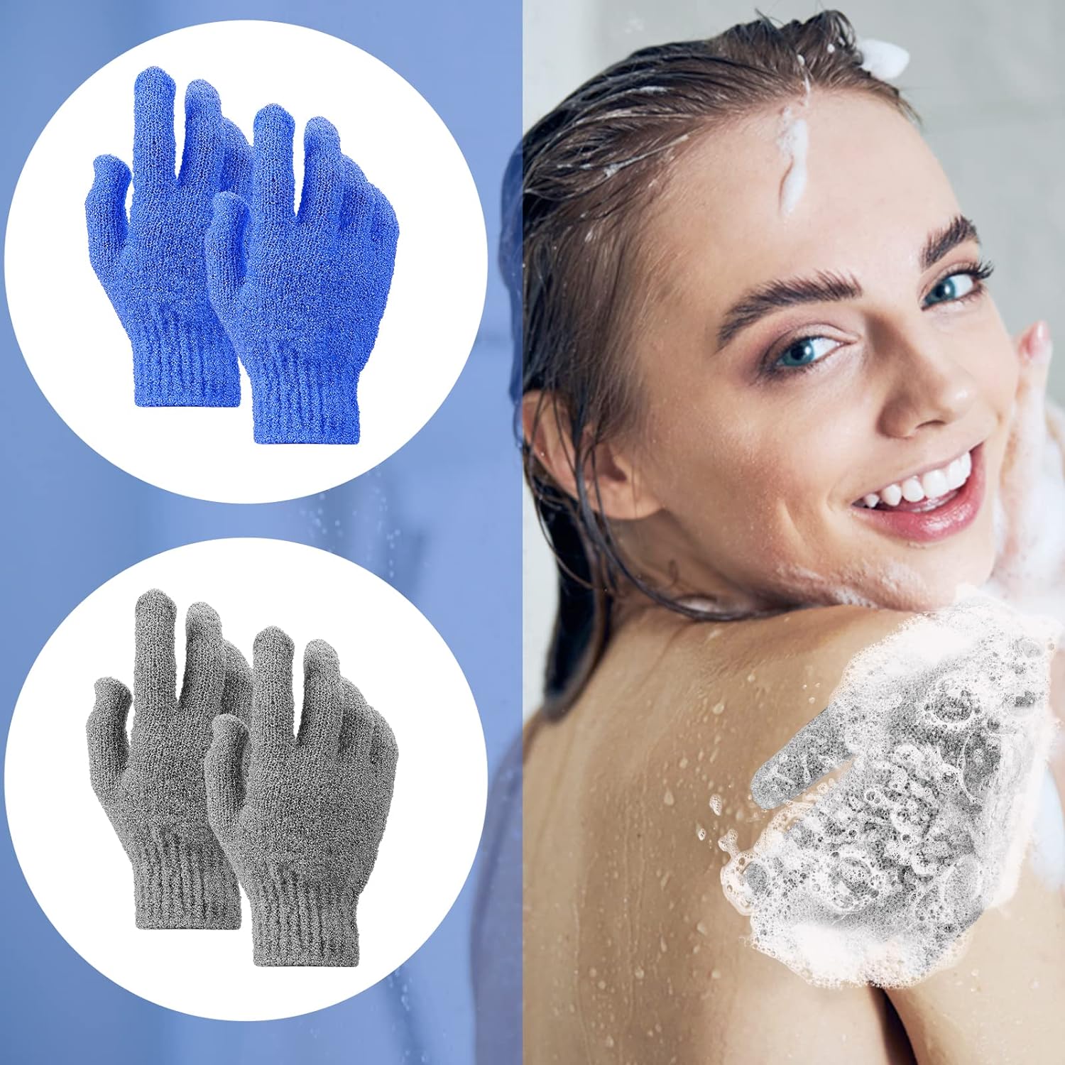 4 Pcs Bath Gloves for Shower Natural Loofah Exfoliating Wash Gloves for Body and Face, Dead Skin Remover, Double Sided Microfibre Shower Body Gloves for Adults and Kids