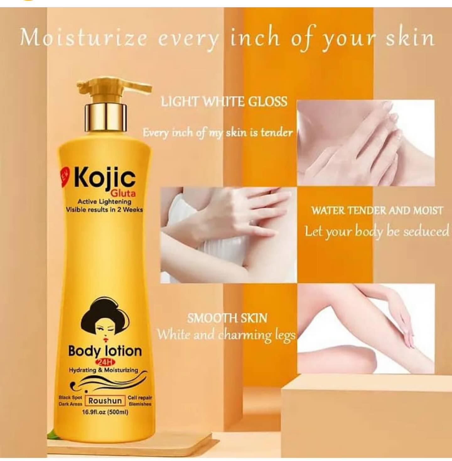 Roushun Kojic Gluta Lightening Natural Body Lotion - 500ml Make Your Skin Beautiful  Hydrating and Smoothing Even Complexion Anti Wrinkles Anti Aging Skin Lighting Body Lotion 500ml