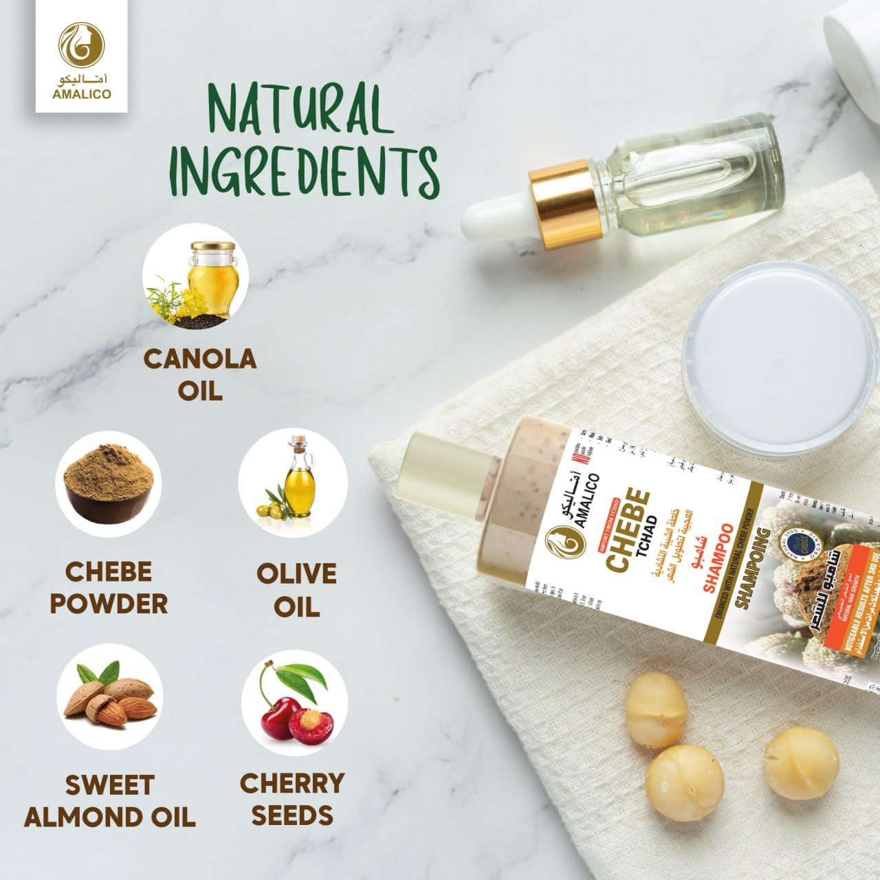 Amalico Hair Shampoo with Chebe Powder for Hair Growth | Natural African Chebe Powder For Hair Growth Strengthen Hair Strands Sulfate Free Shampoo - 16.9 OZ