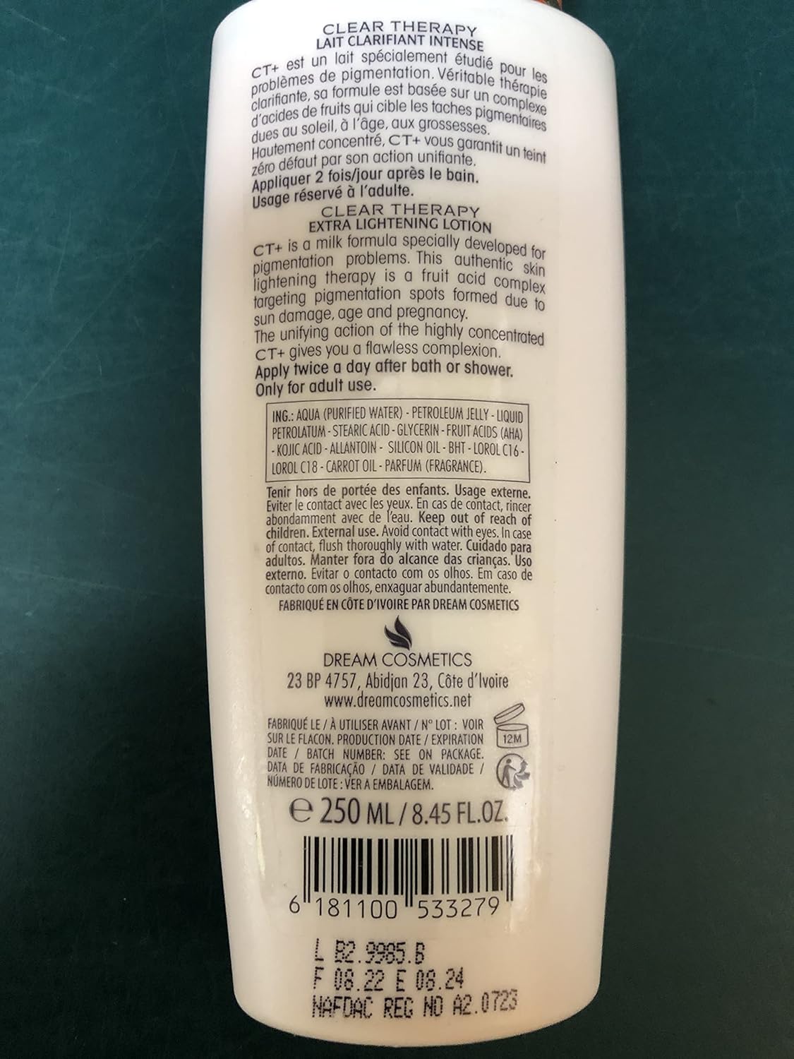 Ct+ Clear Therapy Extra Lightening Lotion With Carrot Oil For Flawless Complexion-Smoothen & Softens Skin Lightening the Skin Reduces Pigmentation Fast Whitening Results 400ml