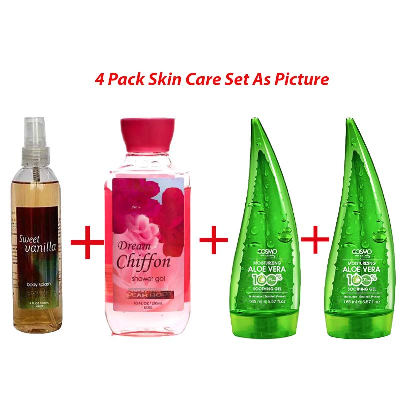4 Pack Skin Care Set - Sweet Vanilla Body Splash, Dream Chiffon Shower Gel and Wokali Aloe Vera Soothing Gels 160ml Dear Body Signature Collections 4 in 1 Set Skin Care Set