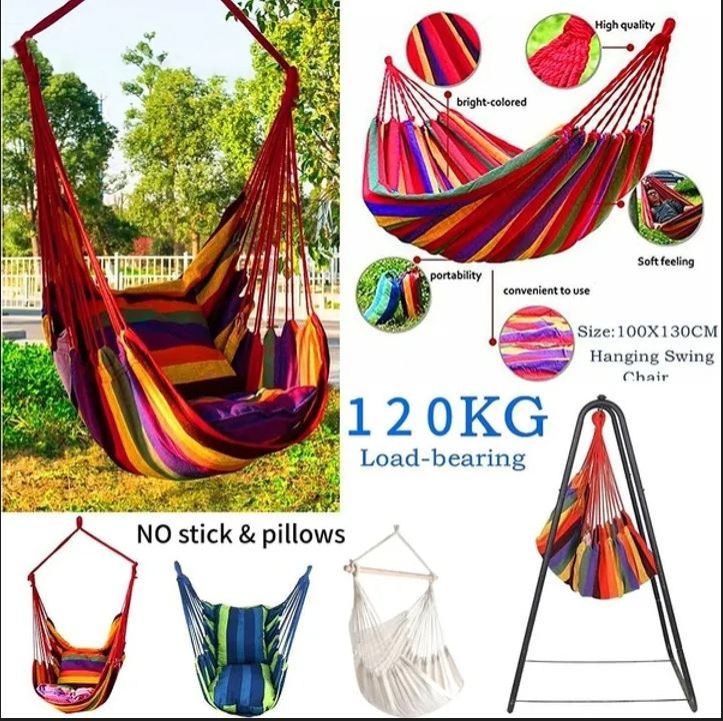 Outdoor Camping Hiking Garden Hammock Hanging Bed StripesEasy fixing, just fix the hammock with 2 binding strings and tie the strings to trees or poles Easy to carry and pack with the same color sack