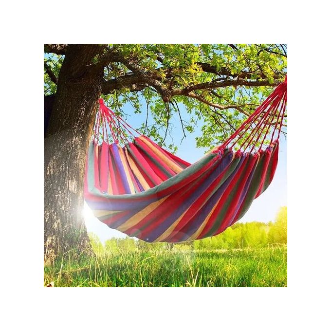 Outdoor Camping Hiking Garden Hammock Hanging Bed StripesEasy fixing, just fix the hammock with 2 binding strings and tie the strings to trees or poles Easy to carry and pack with the same color sack