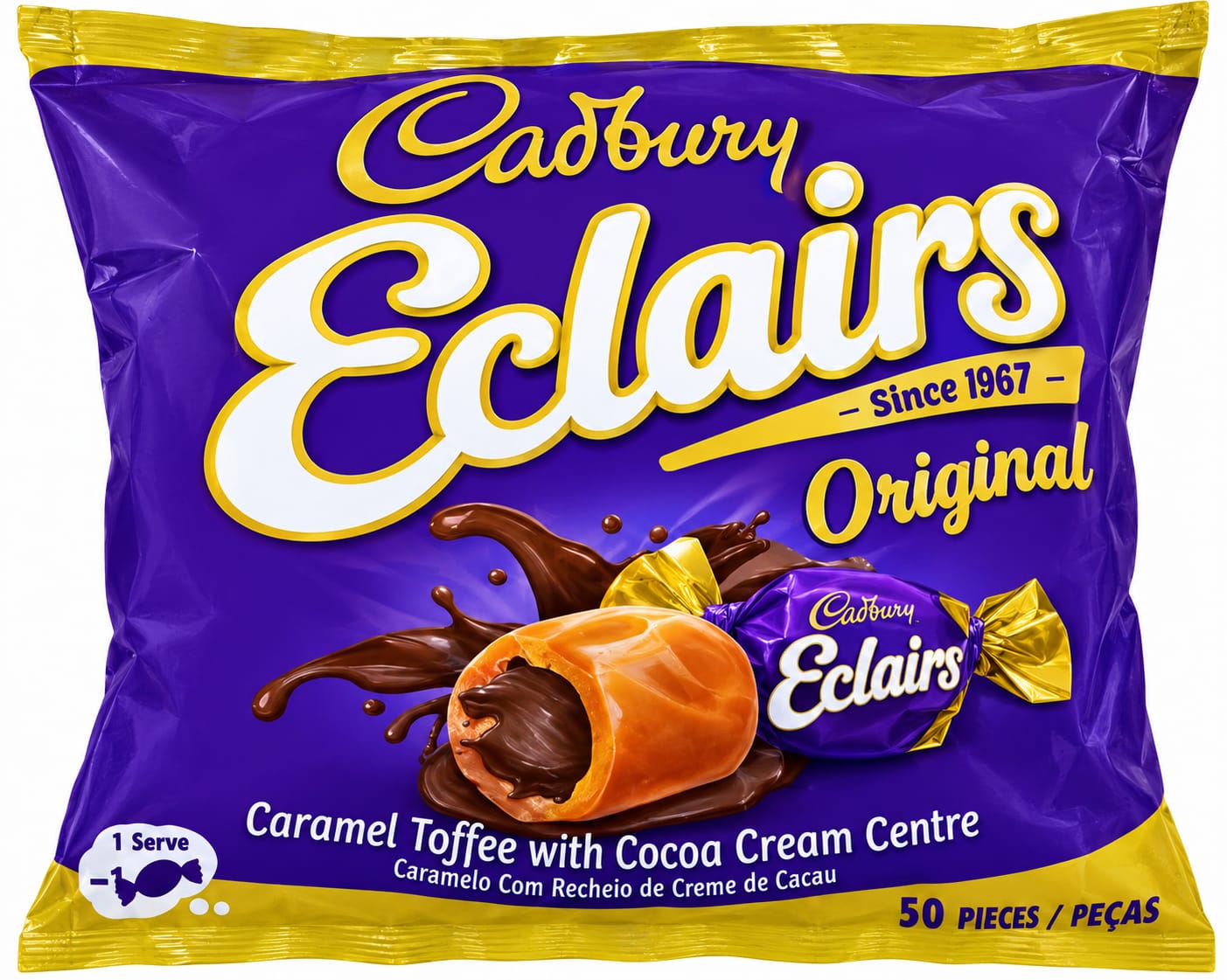 ORIGINAL CADBURY ECLAIRS CARAMEL TOFFEE, with a Chocolate drips inside chewable caramel outside .Milky taste with deep cocoa richness,50 sweets/candies inside packaging.