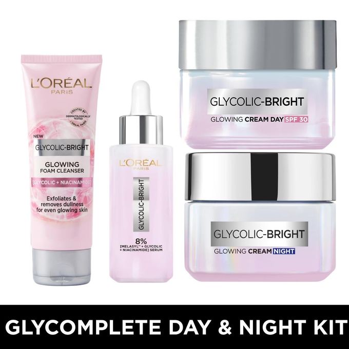 L'Oréal Paris Glycomplete Day & Night Kit, Glycolic Bright Cleanser 100ml, Glycolic Bright Melasyl Serum 30ml, Glycolic Bright Day Cream 50ml, Glycolic Bright Night Cream 50ml