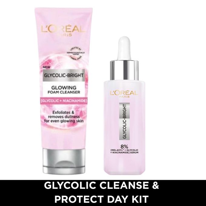 L'Oréal Paris Glycolic Cleanse & Protect Kit, Glycolic Bright Cleanser Foam 100ml+  Glycolic Serum 30ml