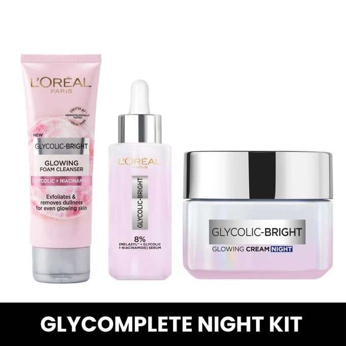 L'Oréal Paris Glycomplete Night Kit, Glycolic Bright Cleanser 100ml+ Night Cream 50ml +Serum 30ml