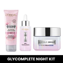 L'Oréal Paris Glycomplete Night Kit, Glycolic Bright Cleanser 100ml+ Night Cream 50ml +Serum 30ml