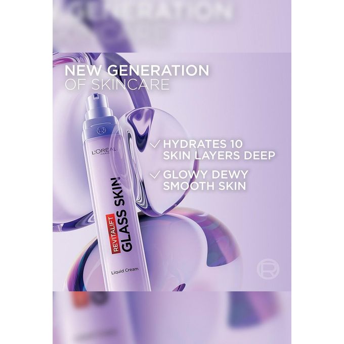 L'Oréal Paris Revitalift Filler Glass Skin Liquid Cream with Hyaluronic Acid. Lightweight Hydrating Formula for a Bouncy, Glossy Glow and Visibly Plumper Skin Texture.