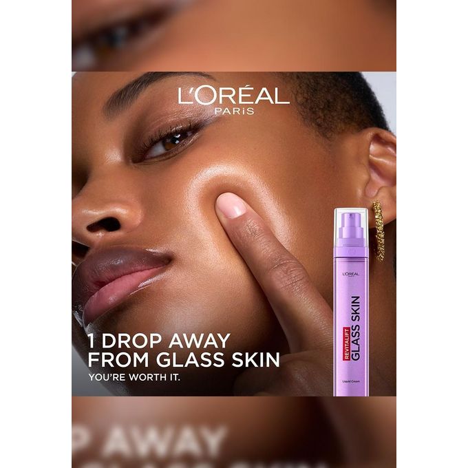 L'Oréal Paris Revitalift Filler Glass Skin Liquid Cream with Hyaluronic Acid. Lightweight Hydrating Formula for a Bouncy, Glossy Glow and Visibly Plumper Skin Texture.