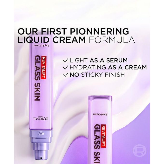 L'Oréal Paris Revitalift Filler Glass Skin Liquid Cream with Hyaluronic Acid. Lightweight Hydrating Formula for a Bouncy, Glossy Glow and Visibly Plumper Skin Texture.